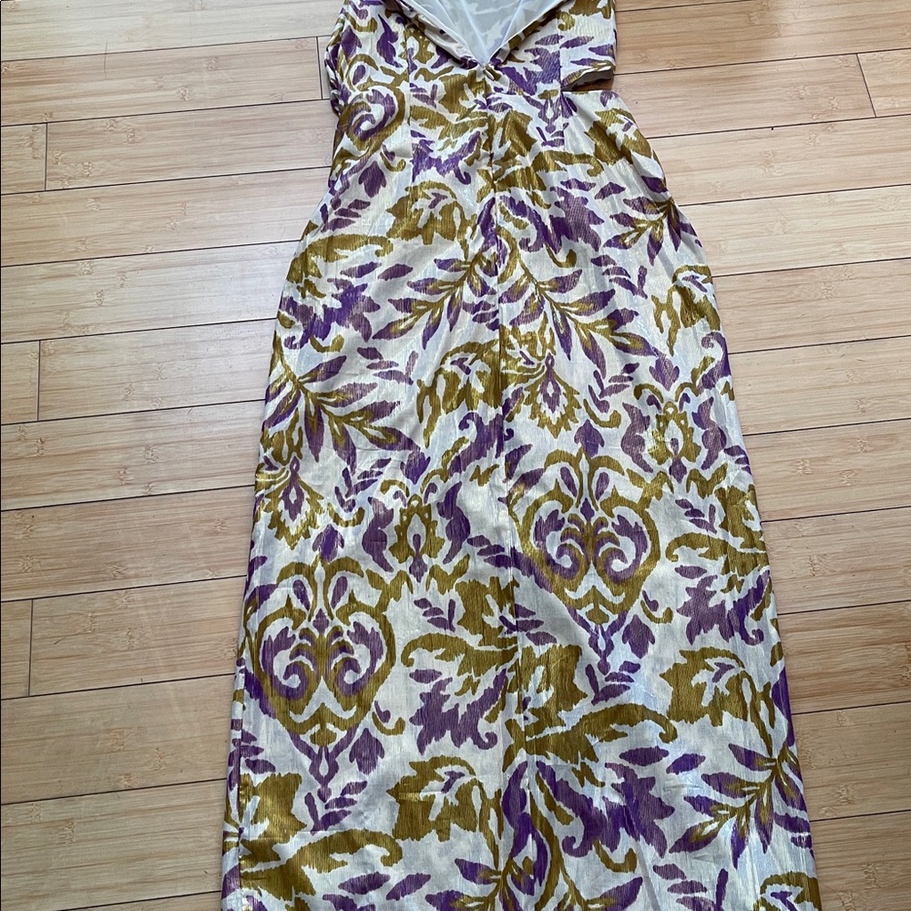 Zara Women Purple and Gold Midi Dress Half Lined Cut Out Waist Med NWT Metallic - Picture 9 of 16